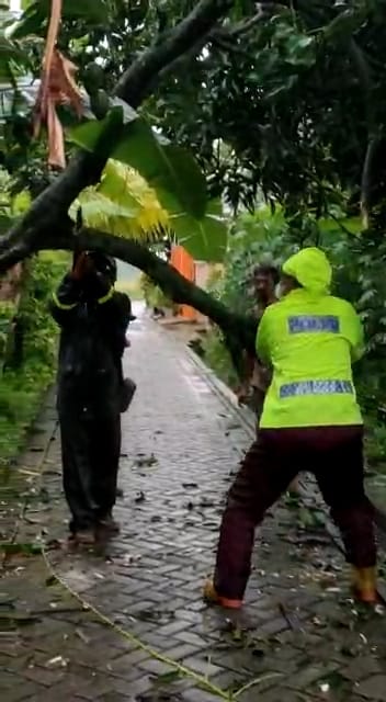 Halangi Jalan, Bhabinkamtibmas Polsek Nganjuk Kota Bantu Warga Evakuasi Pohon Yang Tumbang
