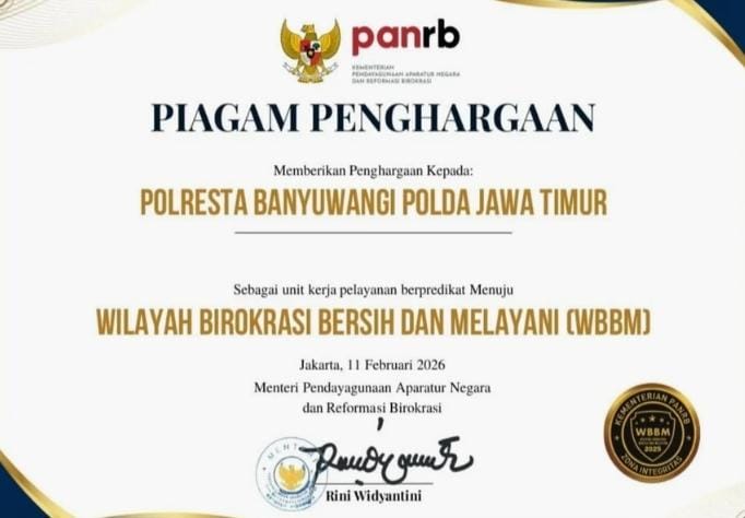 Polresta Banyuwangi Raih Penghargaan Zona Integritas Menuju WBBM Tahun 2025