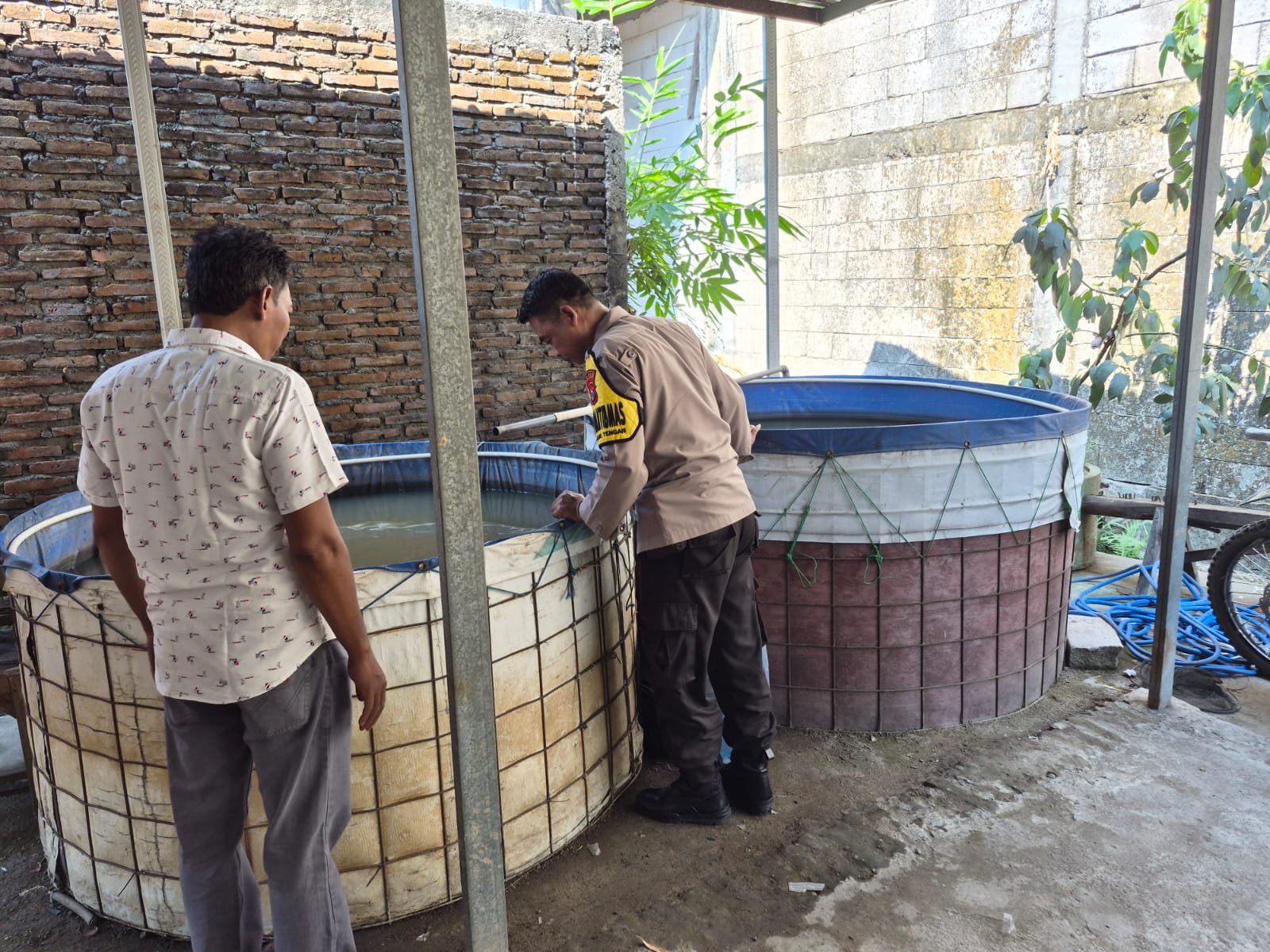 Dukung Ketahanan Pangan, Bhabinkamtibmas Desa Katangtengah Pantau Budidaya Lele dan Nila dalam Kolam Terpal